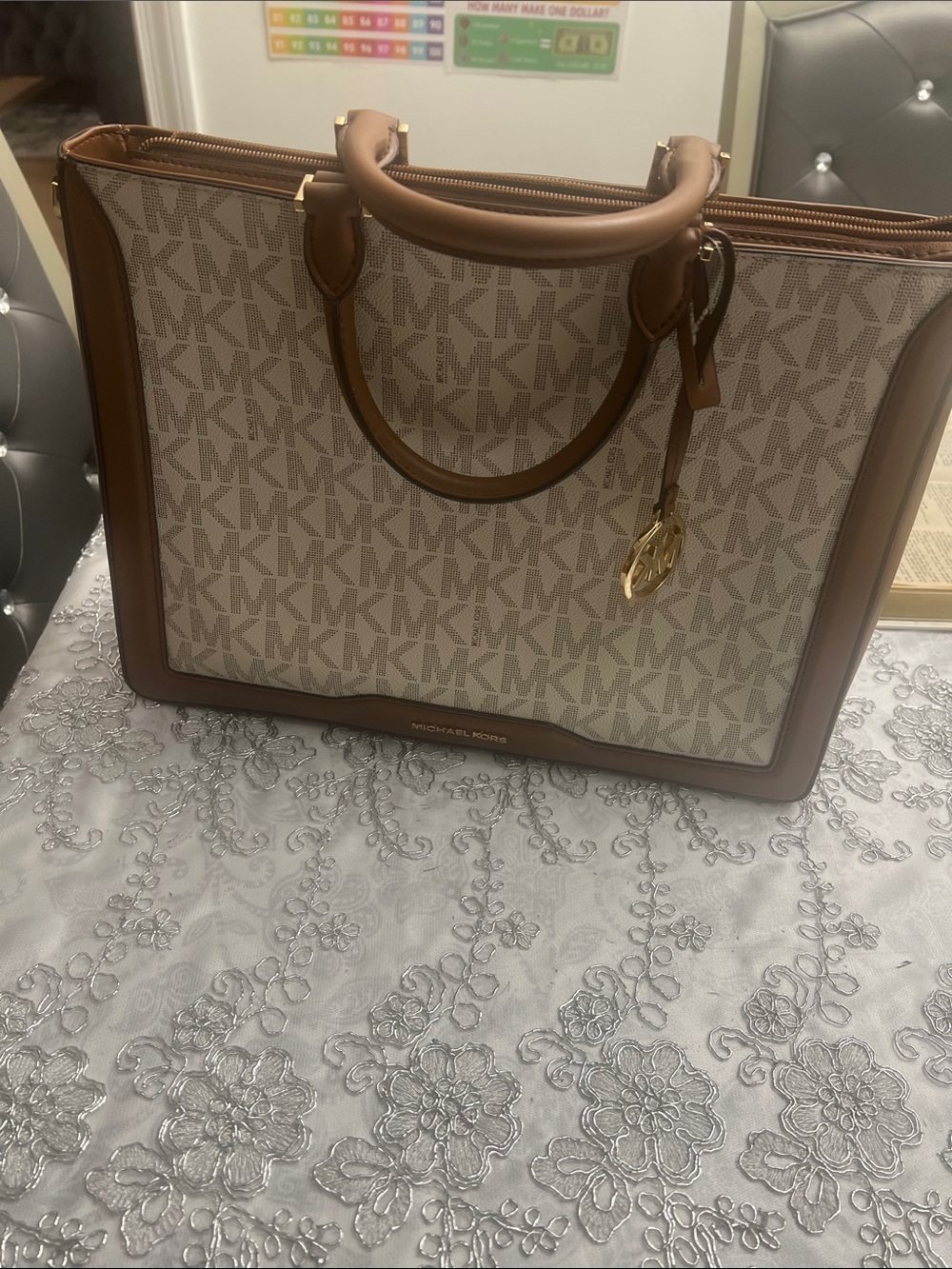 Michael Kors Brown and Beige MK Logo Tote with Gold Charm